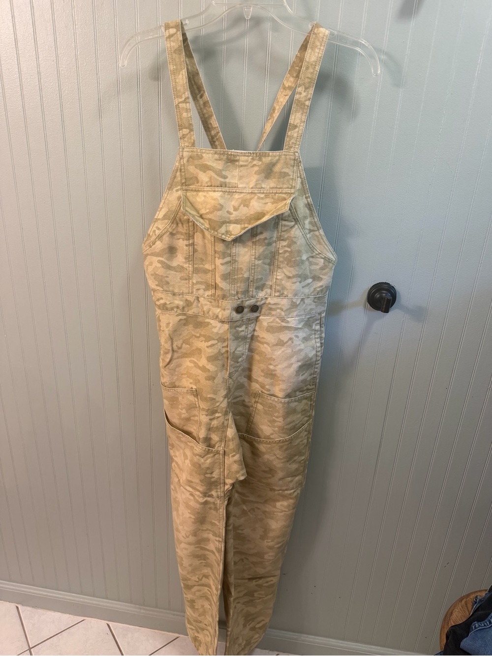 Free People Camo Utility Overalls in Light Tan